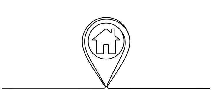 A single continuous line drawing of a simple house icon inside a location pin on a plain white background area. Vector, illustration