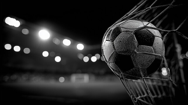 サッカーボールがゴールネットを揺らす瞬間。モノクロでドラマチックなスポーツシーン。