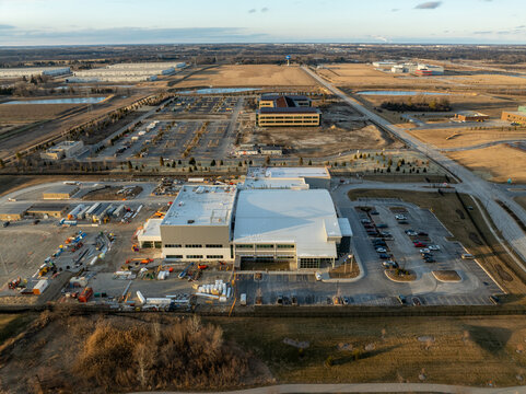 Pleasant Prairie, Wisconsin, USA &ndash; March 1, 2026: Aerial drone view facing north over the Eli Lilly manufacturing facility in Kenosha County, with construction underway on the new Uline H4 office 