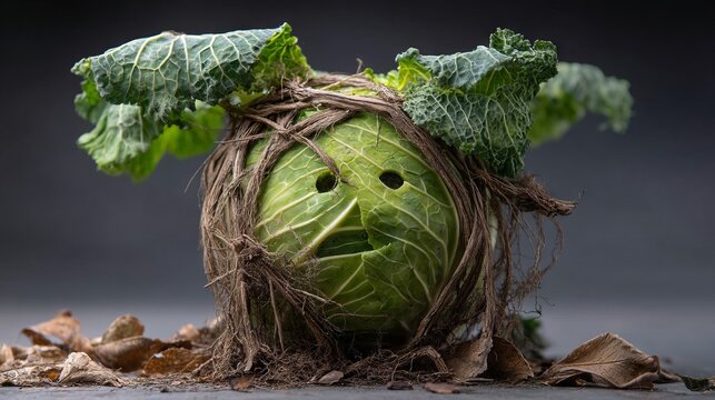 Stylized cabbage head carved into a whimsical face with leafy details