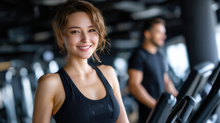 Fototapeta premium Smiling Asian woman in gym with exercise machine and blurred man in background, fitness training, athletic, indoor, black sportwear