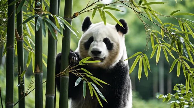 Cute giant panda peeking through lush bamboo in its natural habitat, a fun broll image perfect for advertising.