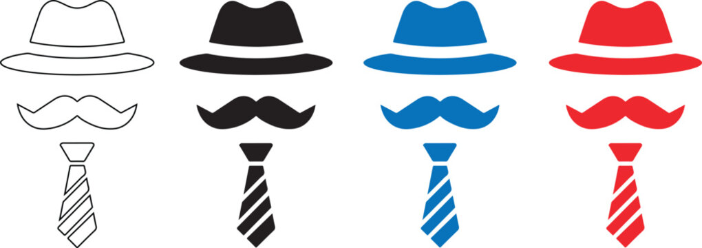 Collection of hats mustaches ties and bow ties in various colors