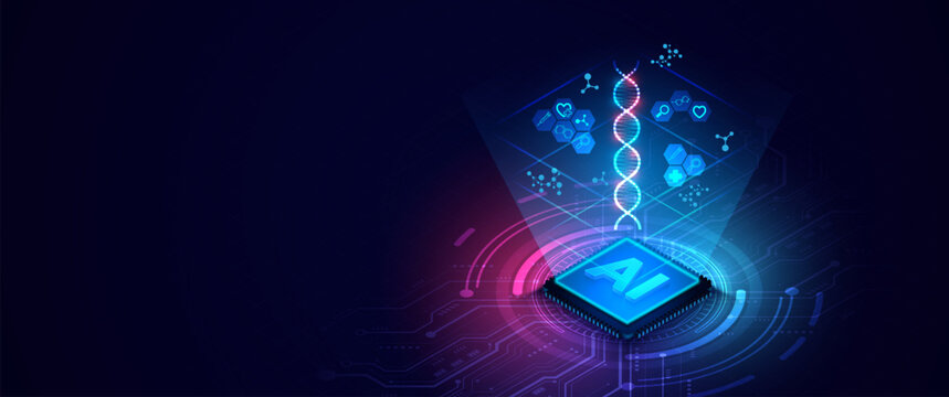 Artificial intelligence microchip with healthcare symbols and glowing neon circuit board