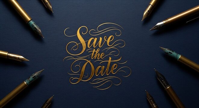 Elegant Save the Date Calligraphy with Golden Pens on Dark Background.