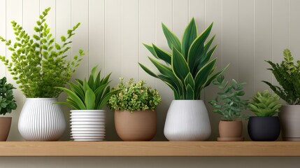 Fototapeta premium A diverse arrangement of vibrant green plants in various pots displayed on a wooden shelf