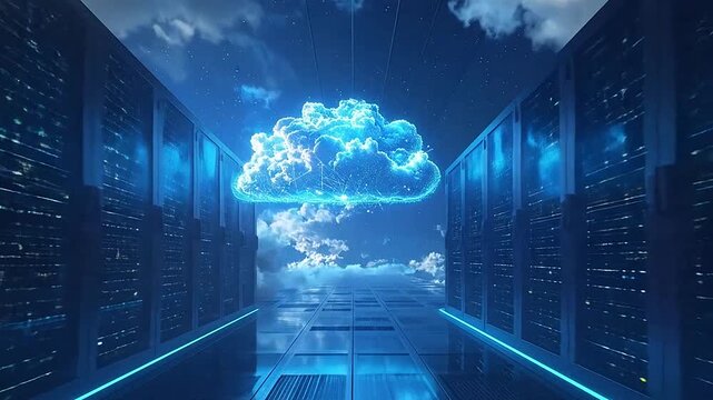 A digital cloud hovers above server racks, representing data storage and network technology