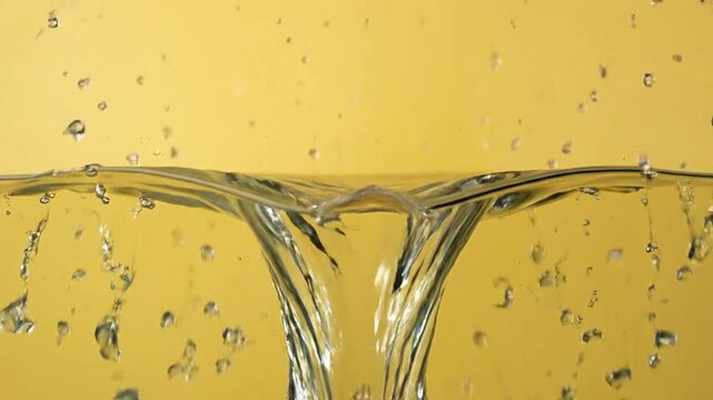 A fresh, halved fruit splashing into water with bubbles against a yellow background