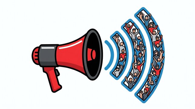 Single object clipart illustration of May Day (International Workers&rsquo; Day) featuring a megaphone emitting sound waves shaped like abstract people icons, symbolizing collective voice of workers