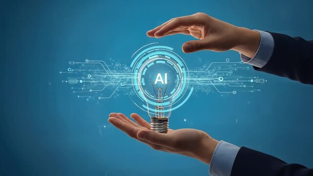 Artificial Intelligence Light Bulb Innovation Concept with Hands and Blue Background.