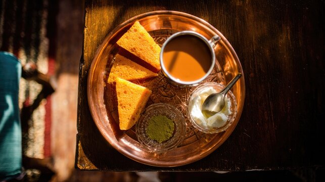 thepla. Traditional copper tray with Dhokla, Thepla, and a cup of Masala Chai from above. menu design, packaging mockups, designed for food delivery and cloud-kitchen brand materials.