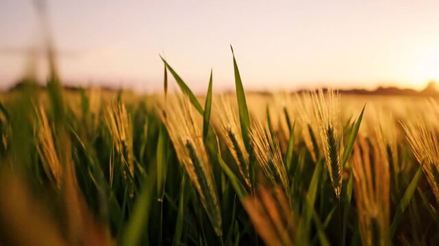 Golden hour sunset illuminates a thriving grain field, perfect for B roll advertising evoking growth and natural beauty.