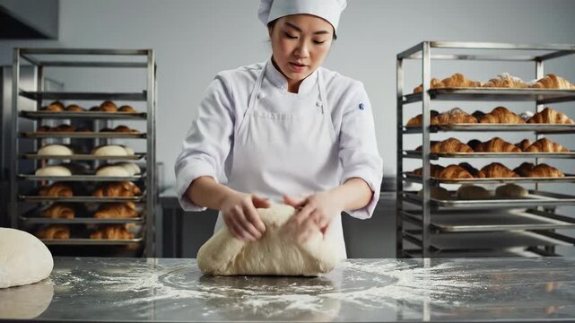 This shows a baker expertly kneading dough in a professional kitchen, surrounded by racks of freshly baked bread and pastries, highlighting the culinary skills and attention to detail required in the