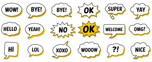 Obraz premium Speech bubbles collection, comic style chat shapes with short expressions and words, pop art elements for communication and messaging design, dialogue balloons, text frames, creative typography