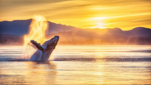 dovekie. A whale breaching the ocean surface at sunset with a plume of mist. inspiring travel planning, wildlife magazines, designed for wildlife conservation campaigns, used by project managers.