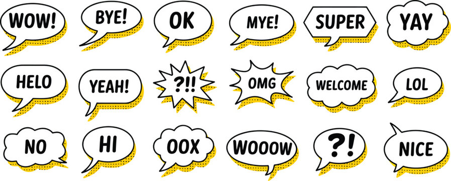 Speech bubbles collection with comic style chat shapes, short words and expressions, pop art communication elements, messaging and dialogue icons, creative text balloons in colorful modern vector
