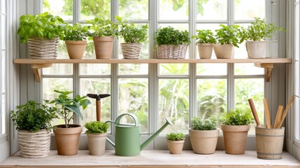 Fototapeta premium Cozy Indoor Plant Nursery with Shelves of Potted Plants and Garden Tools
