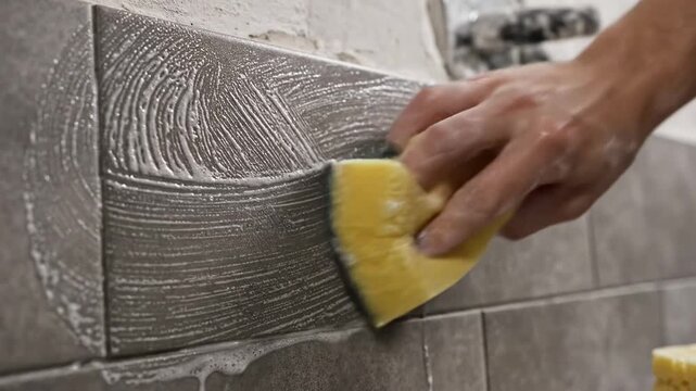 This shows a person applying grout to gray tiles using a yellow sponge. The close-up shot highlights the tile installation process, showcasing the attention to detail and precision required for a
