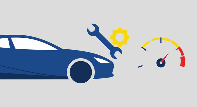 Car maintenance and repair with wrench and speedometer.