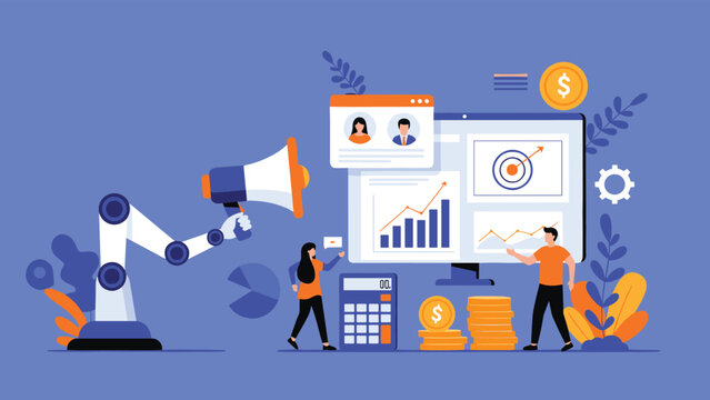 Digital marketing and business automation concept with a robotic arm holding a megaphone next to a data analysis screen and people.