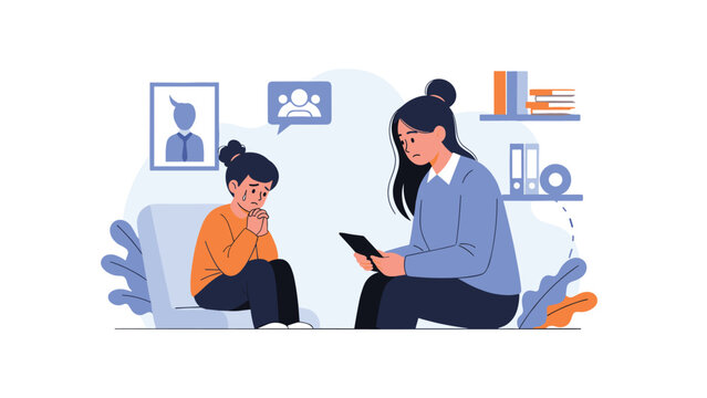Compassionate child therapist talking to a sad and crying young girl during a counseling session in a friendly and safe environment.