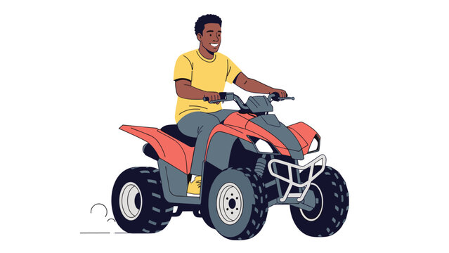 Adventurous man rides an orange ATV quad bike with speed and excitement against a plain white background for dynamic focus.