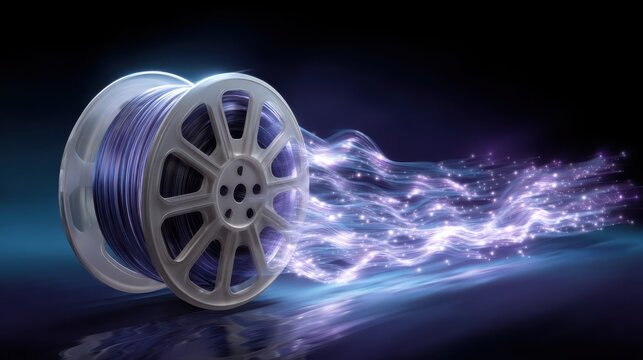 A film reel emitting dynamic, glowing fiber optic light strands, symbolizing digital media and the fusion of traditional cinema with modern technology.
