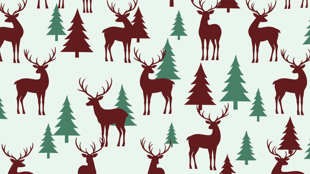 Seamless festive pattern features silhouettes of brown reindeer and green pine trees on a light background for winter holidays.