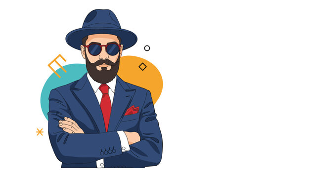 Stylish man with a beard wearing a fedora hat, sunglasses, and a navy blue suit standing against a colorful background.