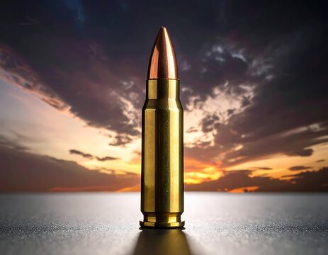 A single bullet stands on a reflective surface against a vibrant sunset