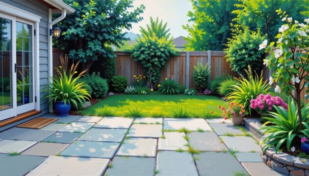 Backyard garden with stone patio, lush greenery, and potted plants near a house entrance.