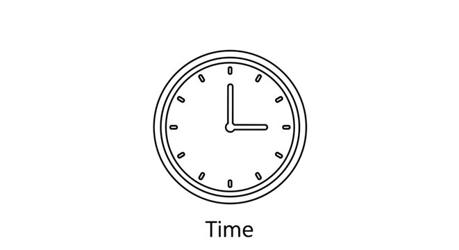 Classic analog clock icon displaying three o clock with the word time written below it for concepts of scheduling, deadlines, and punctuality.