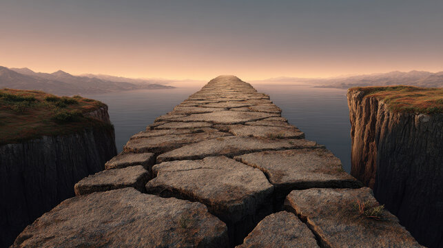 Broken stone path leading to cliff edge over calm water at sunset with distant mountains and dramatic landscape