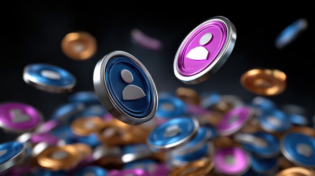 Floating metallic tokens with user profile icons in blue, purple, and gold colors on a dark background, symbolizing digital identity or social media interaction.