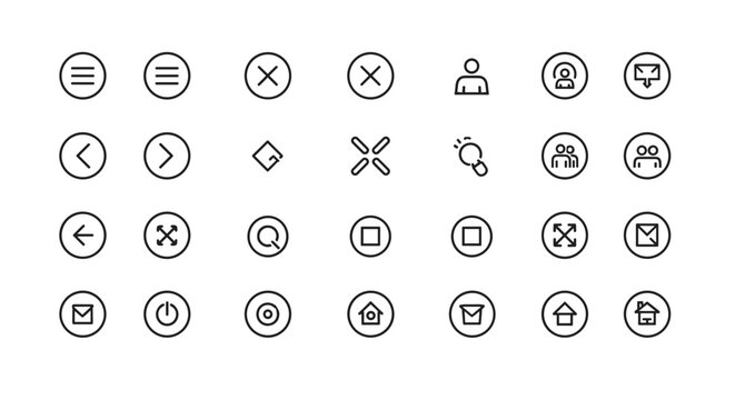 Extensive collection of minimalist user interface icons for web and app navigation including home, search, email, user, and power symbols.