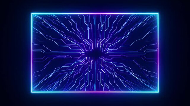 Neon circuit board abstract frame with glowing blue and purple line pattern, futuristic digital border, electric line, centered composition, dark background technology design