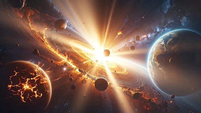 A vibrant cosmic scene with planets, asteroids and a bright, radiant energy source in space