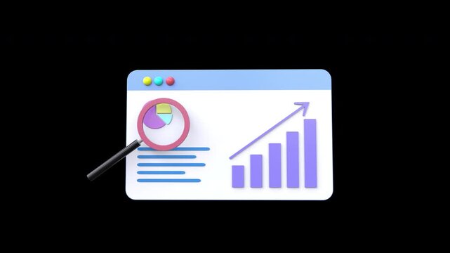 Internet browser search tab interface menu 3d animation statistics Online browsing magnifying glass web site SEO optimization