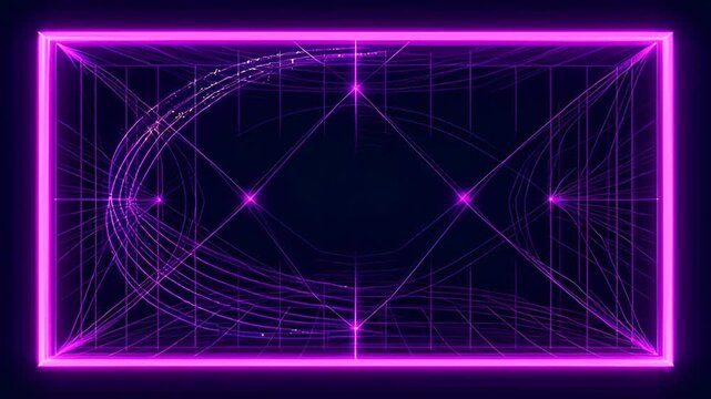 Neon geometric frame with glowing magenta and purple lines, abstract digital background with dark center, glowing futuristic abstract geometric frame background with rectangle line pattern