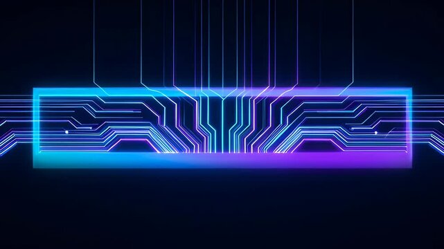 Glowing circuit board frame with neon blue and purple line dark background, abstract futuristic banner, neon rectangular frame with circuit pattern, empty space for text, SEO friendly technology
