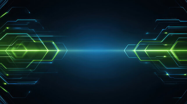 Abstract technology background with blue and green neon hexagon line pattern and glowing center light