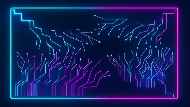 Neon circuit board background with glowing blue and magenta line patterns, abstract futuristic frame on dark background for digital design and technology SEO use