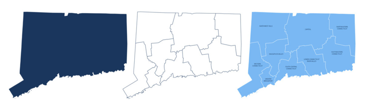 Connecticut Counties Map with Labels &ndash; State Silhouette and County Boundaries Vector