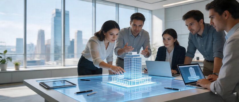 Modern Team Reviewing 3D BIM Model on Interactive Screen - Digital Construction Planning
