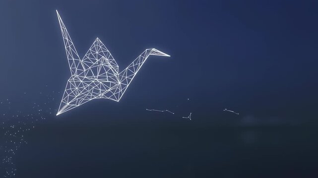 polygonal origami bird in a glowing wireframe style, soaring through a stardust-filled constellation sky with abstract elegance