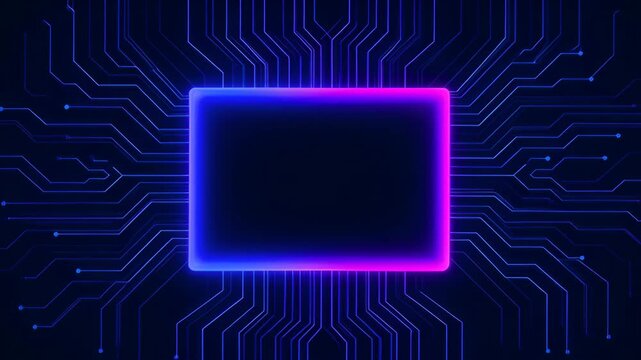 Neon circuit board frame with glowing central screen, blue magenta technology background, digital display mockup, microchip processor concept, abstract empty rectangle screen
