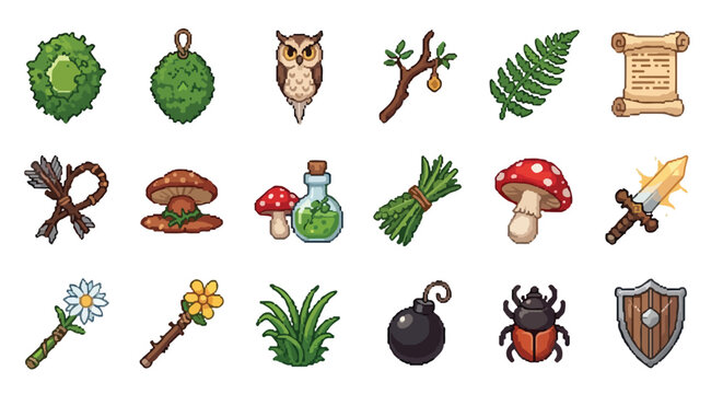 A collection of eighteen pixel art icons featuring nature, fantasy items, and equipment like mushrooms, a sword, a beetle, and magic potions.