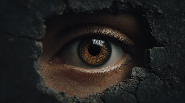 Eye human eye close up peering crack opening wall dark brown iris pupil eyelash skin face mystery surveillance watchful hidden secret spying observation looking gaze vision sight alert intense
