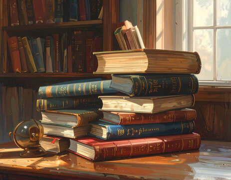 Stack of old books on a table