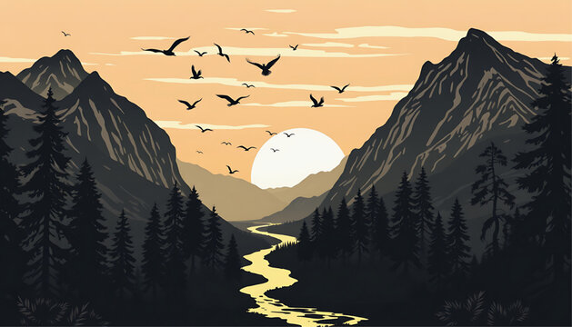mountain valley landscape with river flowing through forest and flying birds at sunset warm toned vector illustration ideal for travel nature and adventure design